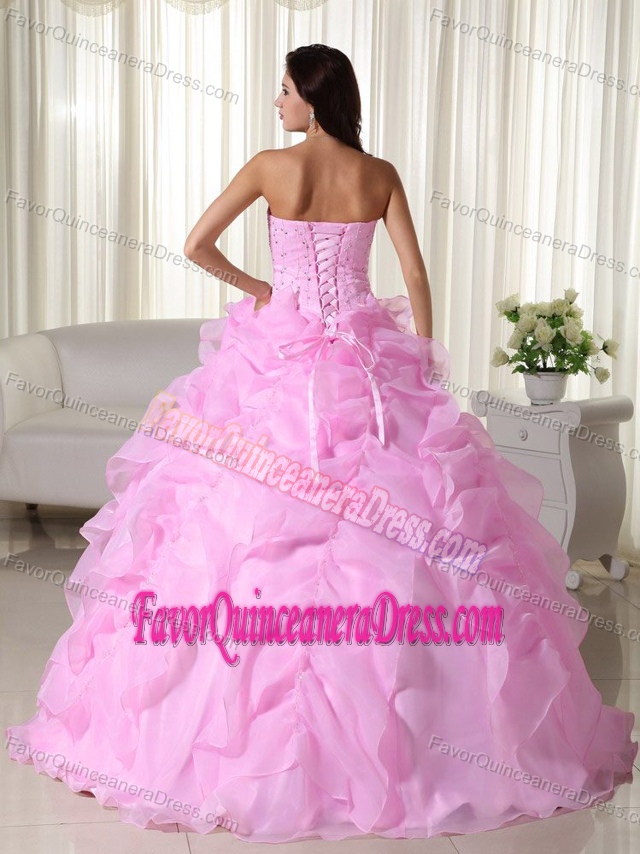 Cheap Organza Beaded Pink Quinceanera Gown Dress with Pick-ups