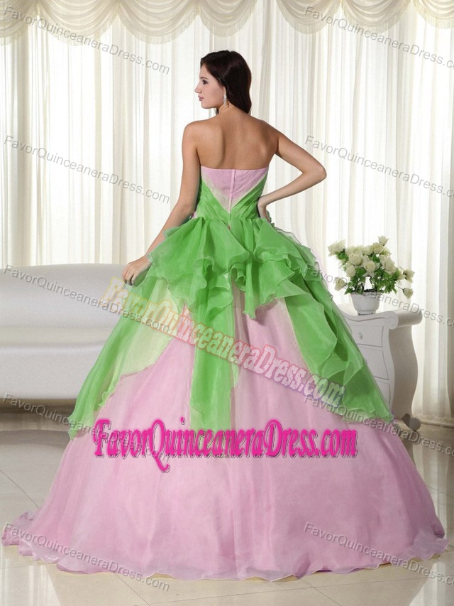 Ornate Strapless Organza Beaded Quinceanera Dress in Green and Yellow