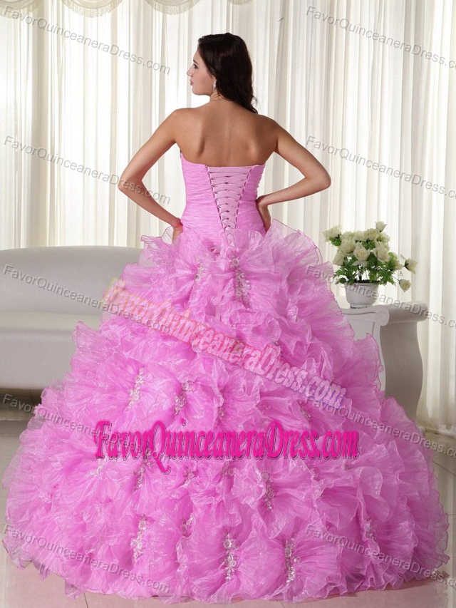 Best Seller Pink Organza Ruffled Quinceanera Dresses with Appliques