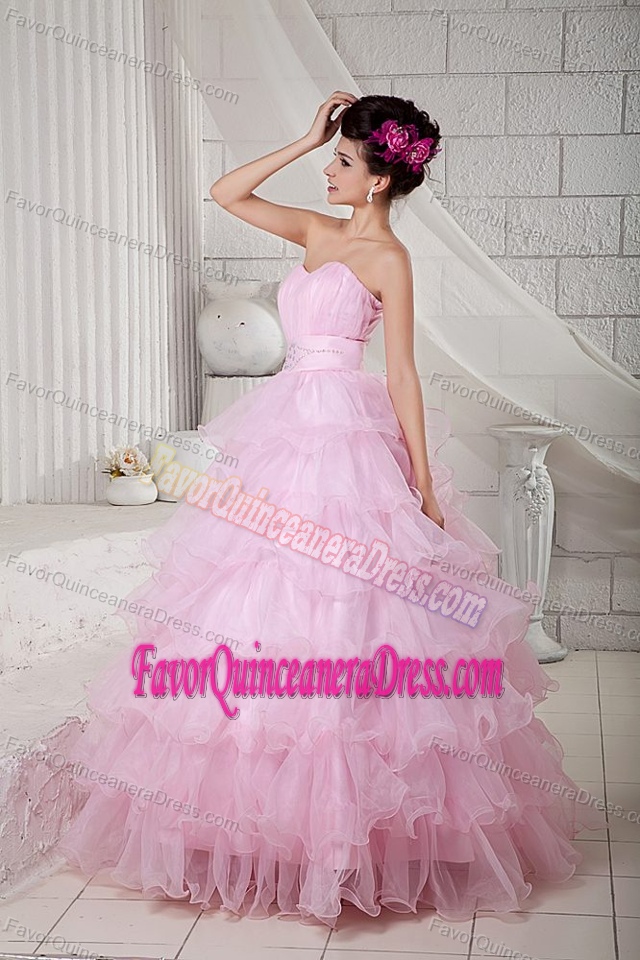 Brand New Baby Pink Organza Ruffled Quinceanea Dress with Beading