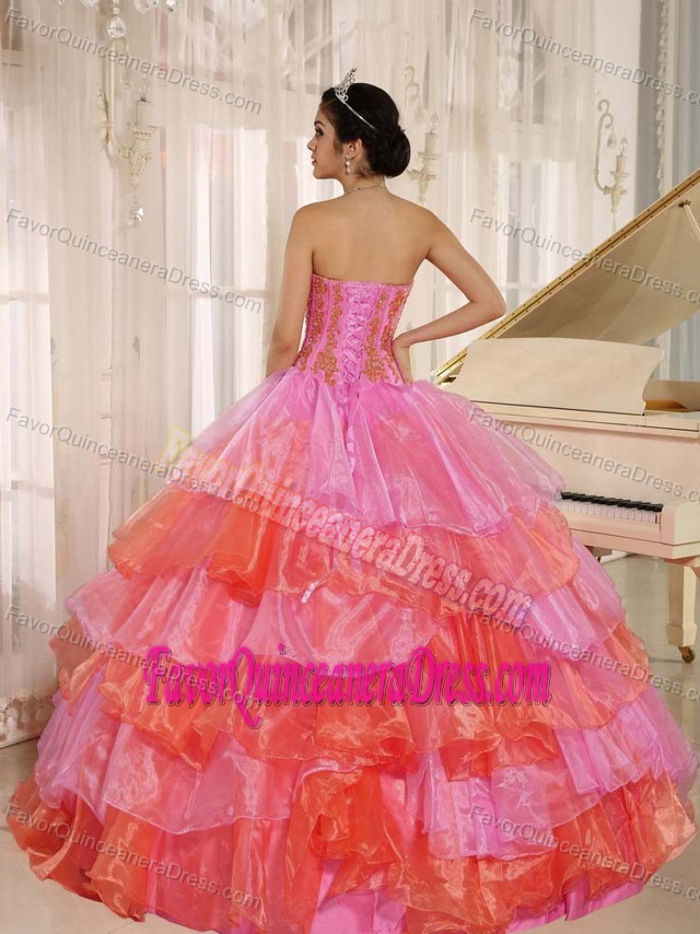 Vintage Ruffled Pink and Orange Quinceanera Gown Dress with Appliques