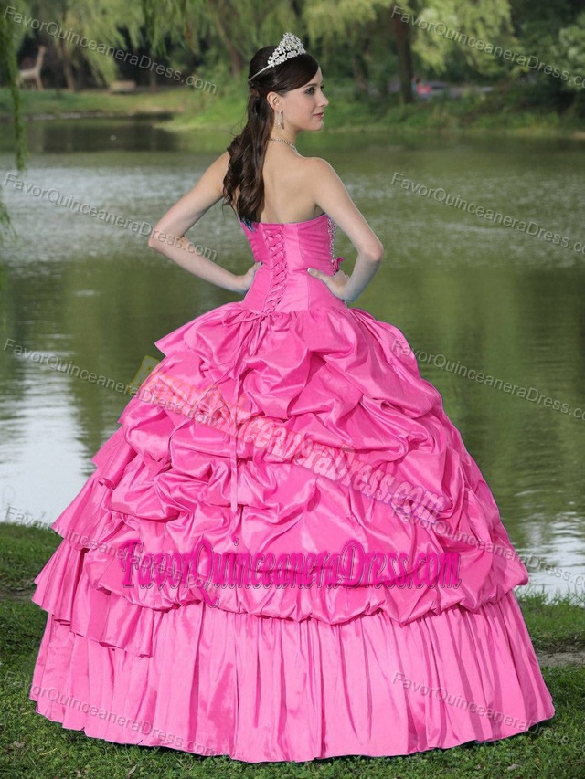 Dreamy Strapless Beaded Hot Pink Clearance Quinceanera Dress in Taffeta