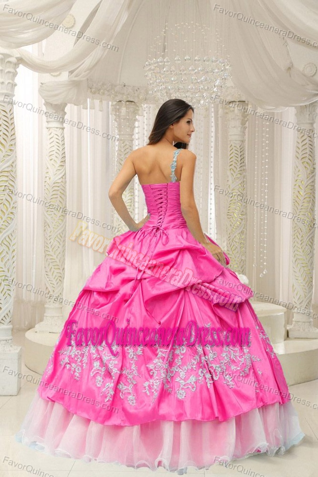 One Shoulder Hot Pink Quinceanera Dress with Embroidery in Organza
