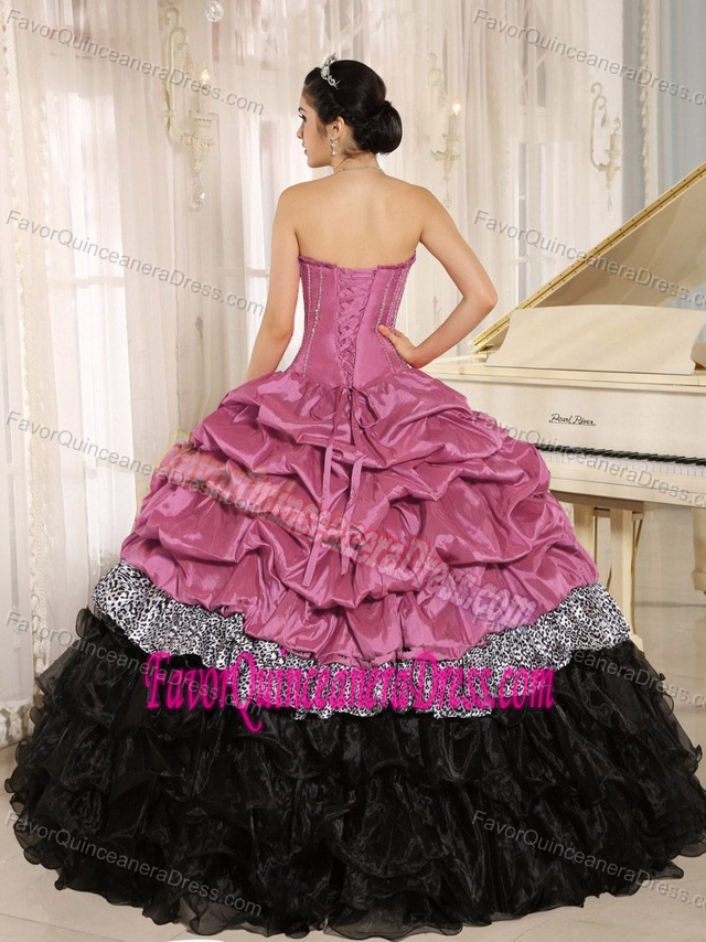 Classical Pink and Black Taffeta Quinceanera Gown Dress with Ruffles