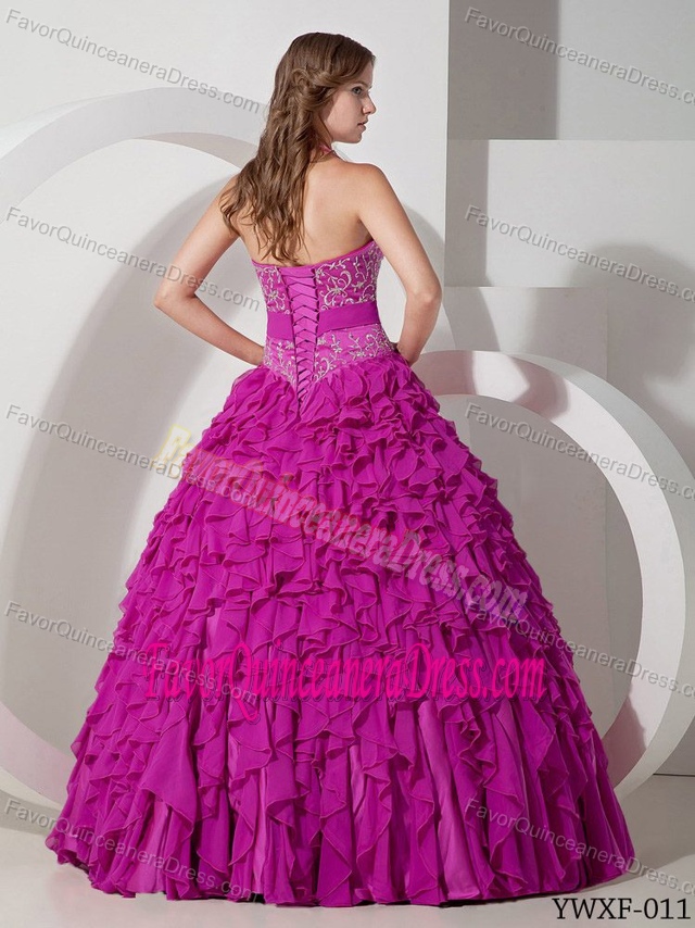 Trendy Embroidered Ruffled Fuchsia Quinceanera Dress with Sash