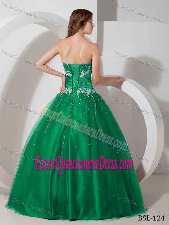 Affordable Strapless Appliqued Green Dress for Quinceanera in Taffeta Tulle