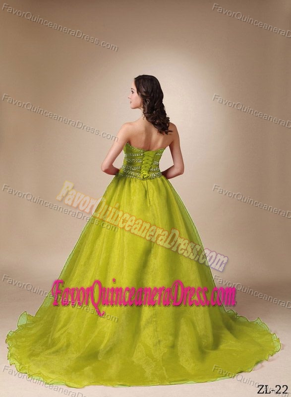 Recommended Brush Train Organza Taffeta Dress for Quince in Yellow Green