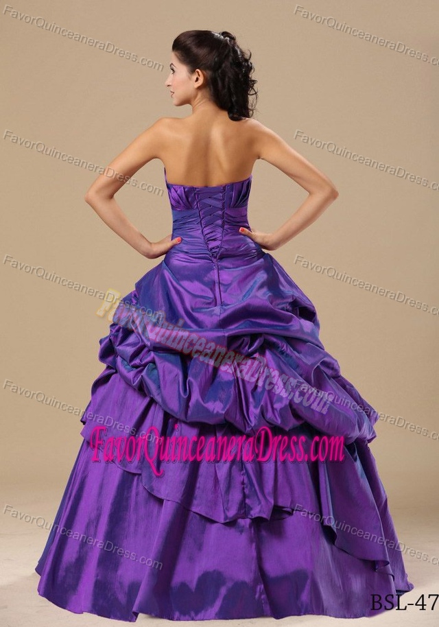Attractive Strapless Pick-ups Appliqued Purple Dress for Quince in Taffeta