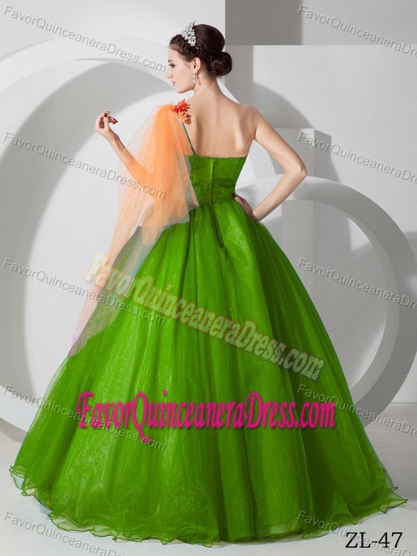 Unique One Shoulder Green Organza Quinceanera Dresses with Flowers
