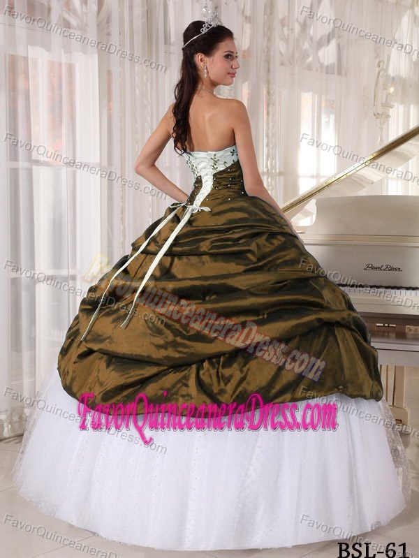 Cheap Tulle Taffeta White and Olive Green formal Quince Dress with Embroidery