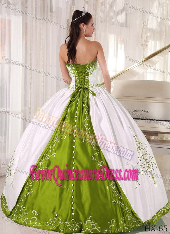 Dreamy White and Green Satin Quinceanera Dress with Embroidery on Sale