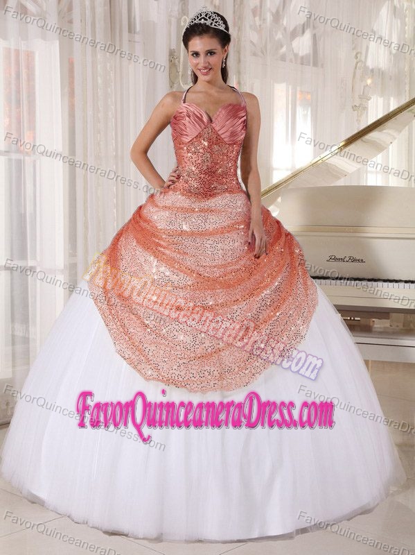 Best Lace-up Sequin Tulle Halter Quinceanera Gown in Rust Red and White