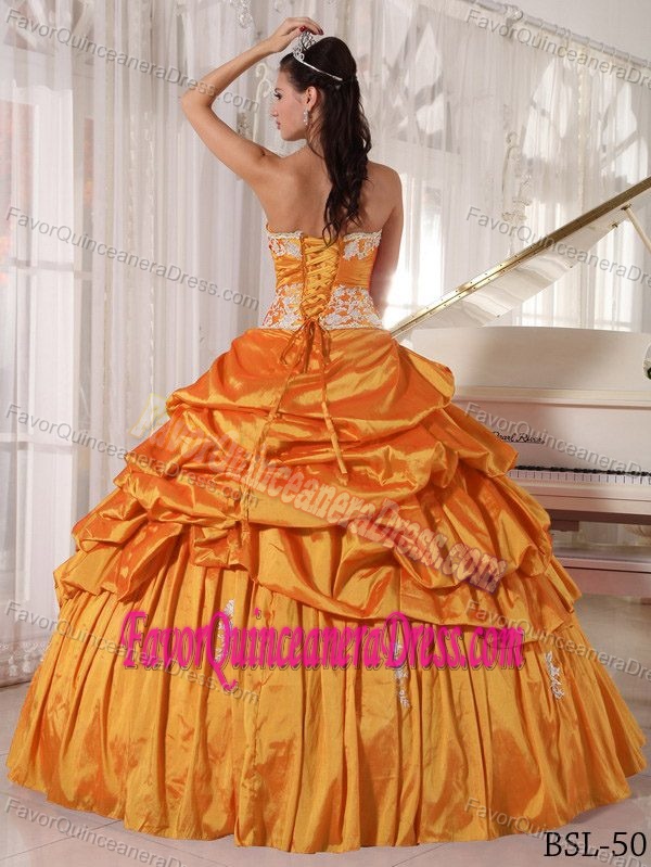 Memorable Taffeta Orange Quinceanera Gown with Appliques and Pick-ups