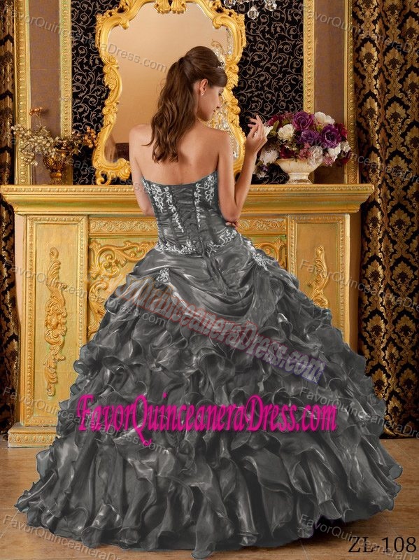 Special Style Appliqued Ruffled Organza Quinces Dress Ball Gown in Gray