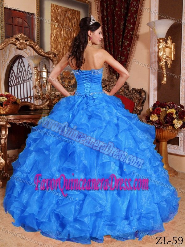 Surprising Baby Blue Ball Gown Organza Quince Dress with Beads and Ruffles