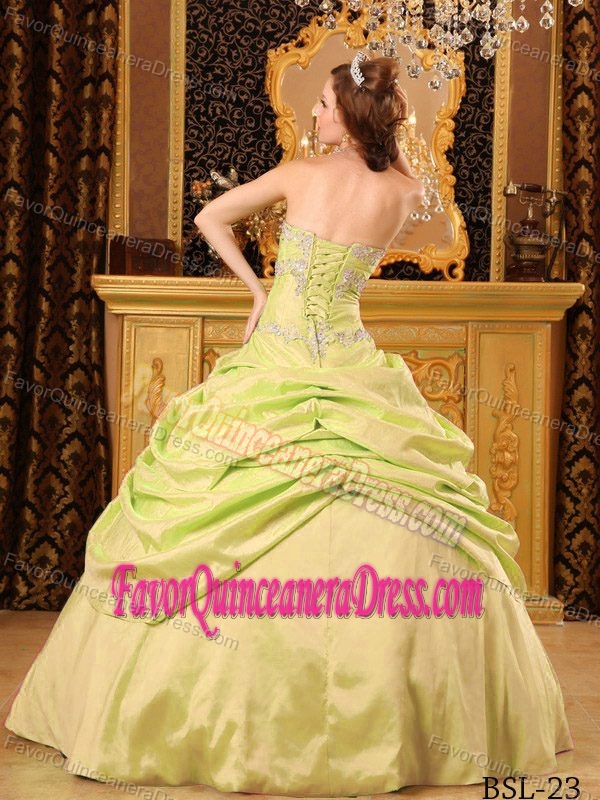 Amazing Strapless Appliqued Taffeta Quinceanera Dresses in Yellow Green
