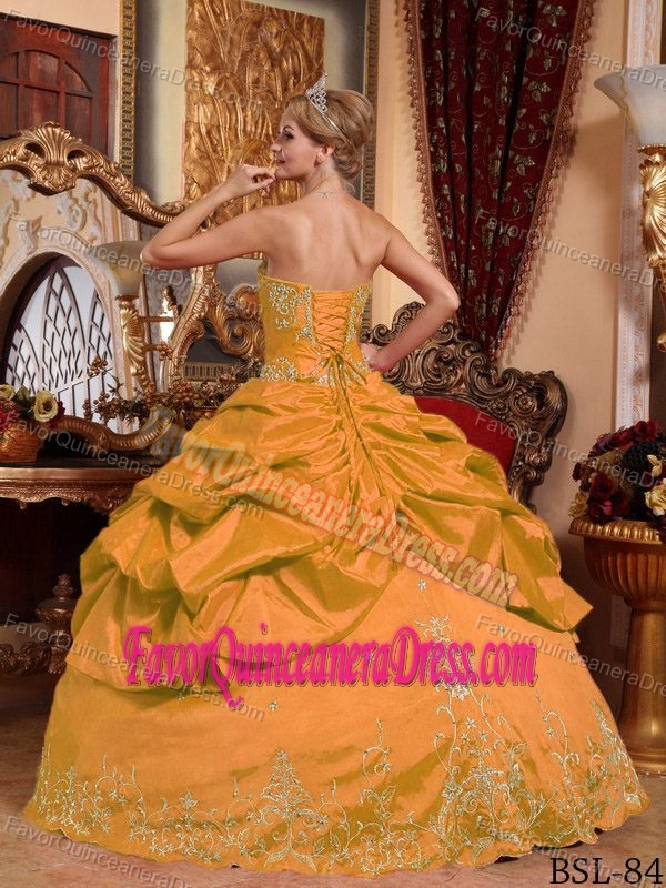 Plus Size Orange Taffeta Dress for Quinceanera with Embroidery and Pick-ups