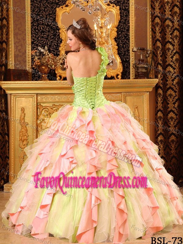 Romantic One Shoulder Ruffled Multi-color Quince Dress in Taffeta and Organza