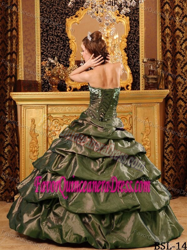 Exclusive Appliqued Olive Green Taffeta Quinceanera Gown with Pick-ups