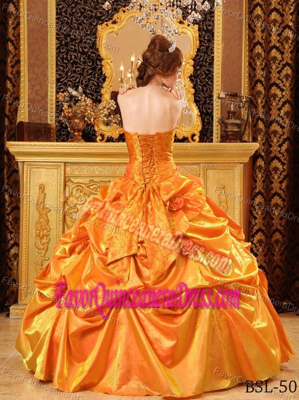Stylish Orange Taffeta Quinceanera Dresses with Flowers and Pick-ups