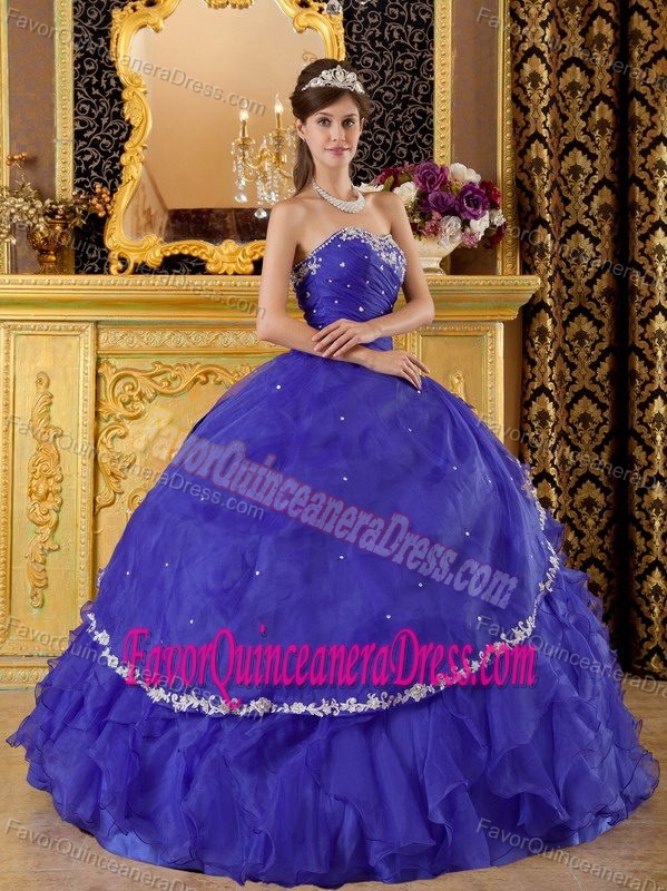Special Style Appliqued Ruffled Blue Organza Quinces Dresses Ball Gown