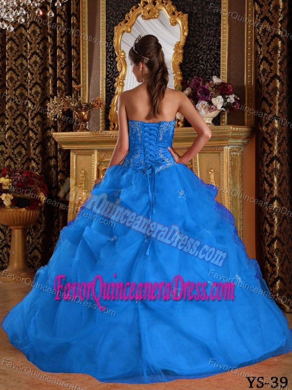 Clearance Taffeta Tulle Slot Neck Appliqued Blue Quince Dresses with Pick-ups