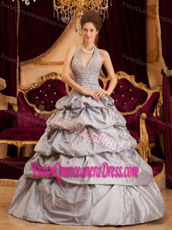 all Gown Halter Floor-length Taffeta Appliques Dresses for Quinceaneras in Gray