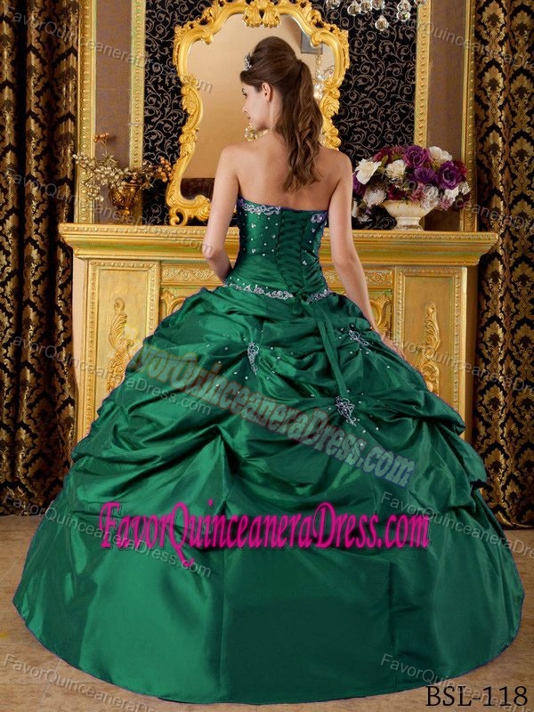Floor-length Taffeta Green Ball Gown Strapless Quinceanera Gown with Appliques