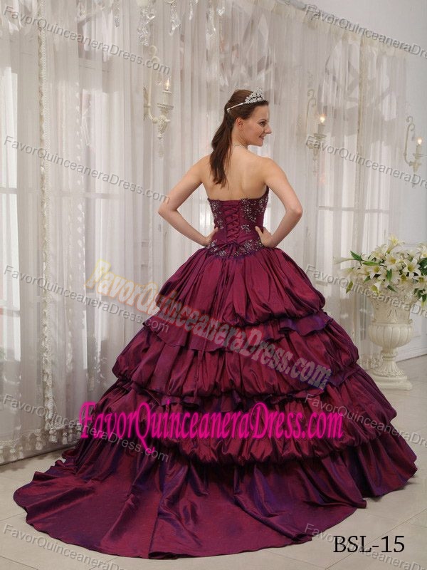 Ball Gown Sweetheart Taffeta Appliques Fuchsia Dresses for Quince with Court Train