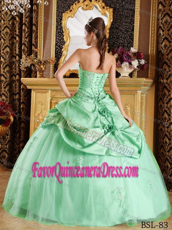 Tulle and Taffeta Beaded Ball Gown Strapless Quinceanera Dress in Apple Green