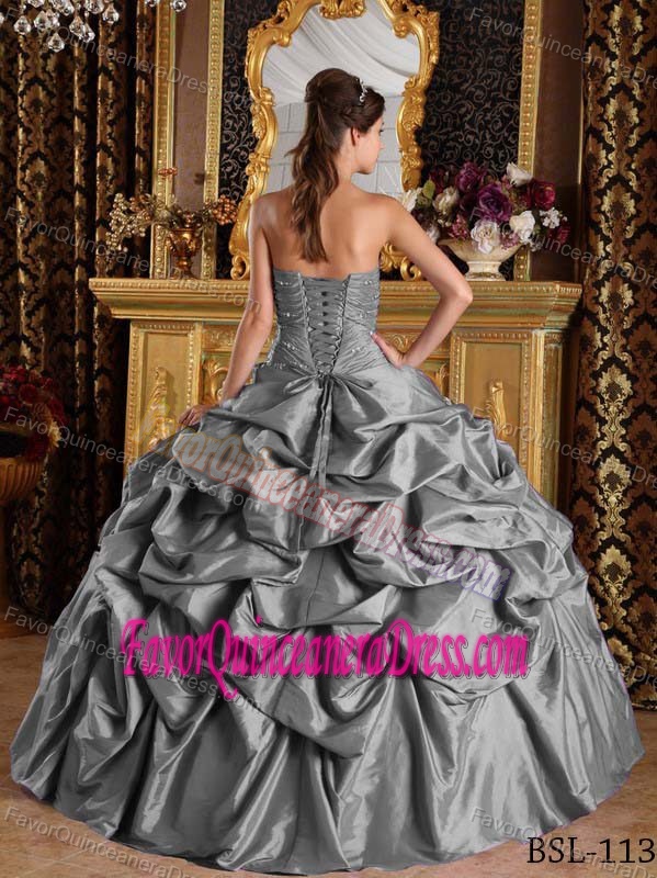 Gray Ball Gown Strapless Floor-length Beaded Quinceanera Gown in Taffeta