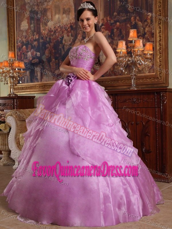 Strapless Floor-length Organza Ball Gown Beaded Quince Dresses in Lavender