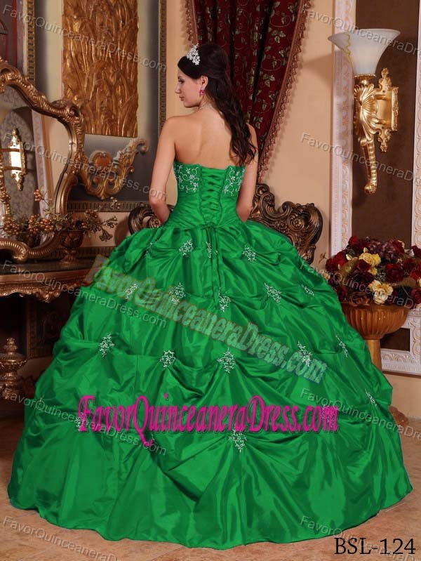 Green Strapless Appliques Floor-length 2013 Dress for Quinceanera in Taffeta