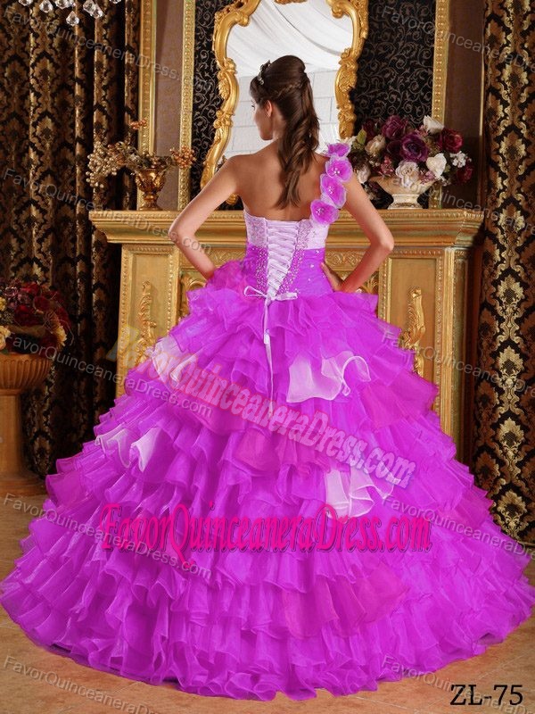 Ruffled and Beaded Purple Organza Quinceanera Dresses with One Shoulder