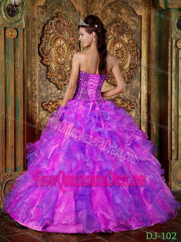 Strapless Floor-length Organza Beaded and Ruffled Quince Dresses in Multi-Color