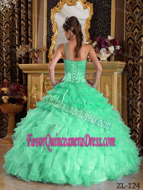 Satin and Organza Beaded Apple Green Dress for Quince with One Shoulder