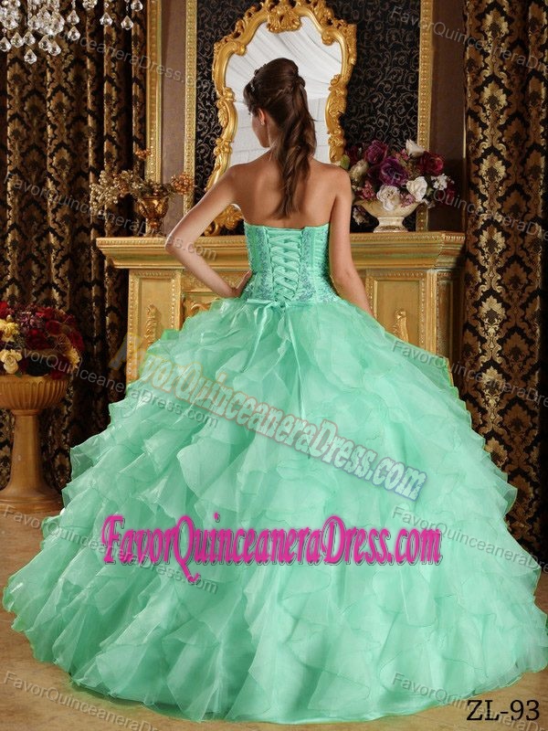 Organza Embroidery with Beaded Strapless Satin Quince Dresses in Apple Green