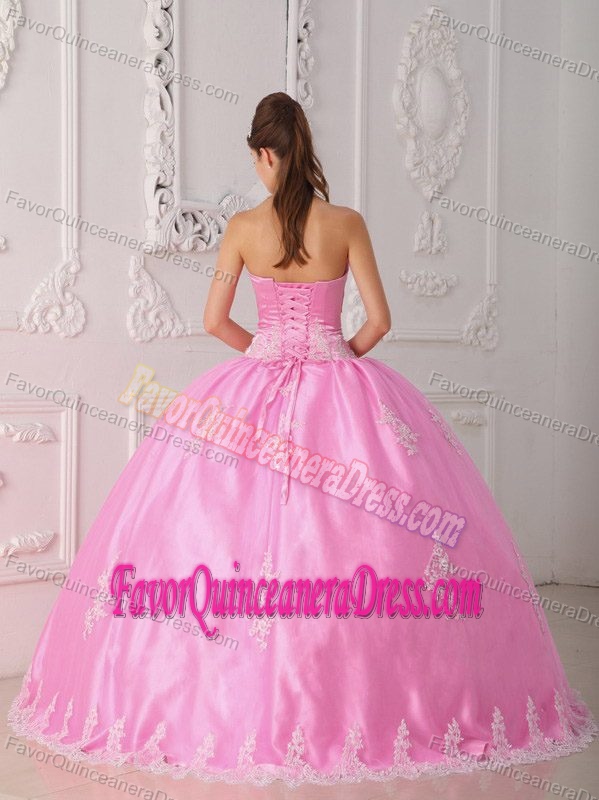 Pink Strapless Floor-length Appliques Ball Gown Quinceanera Dresses with Lace