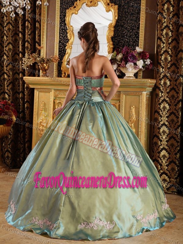 Strapless Taffeta and Organza Appliques Quinceanera Gown in Olive Green