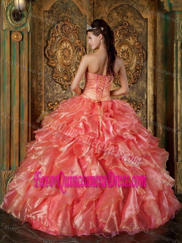 Beaded Coral Red Strapless Floor-length Quinceanera Gown with Ruffles