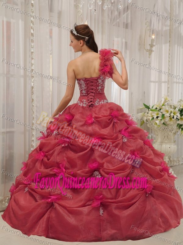 Organza Appliques Red Floor-length Quinceanera Dresses with One-shoulder