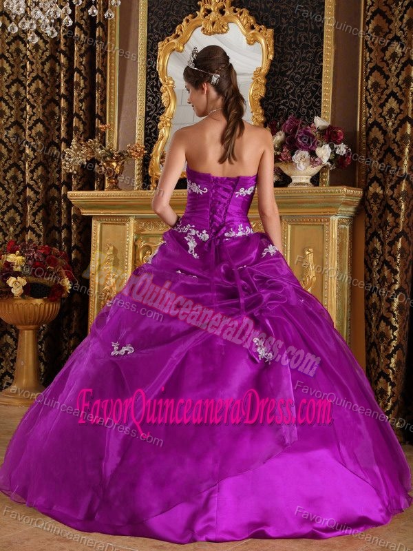 Organza and Satin Fuchsia Ball Gown Strapless Quinceanera Gown with Appliques