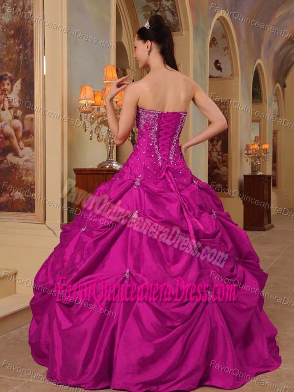 Beaded and Embroidery Fuchsia Ball Gown Strapless Dress for Quince in Taffeta