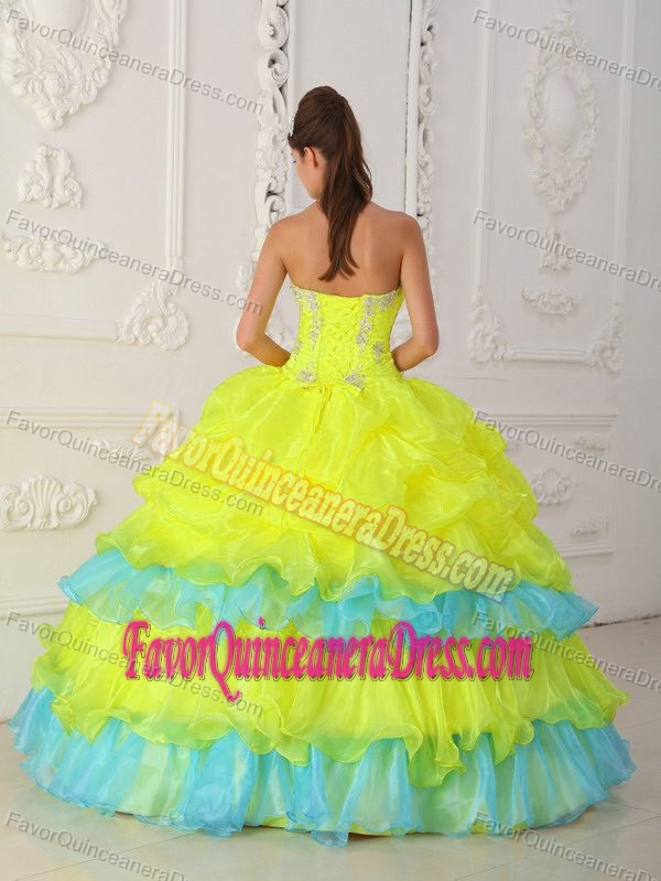 Yellow Strapless Floor-length Organza Beaded Quinceanera Dresses with Ruffles