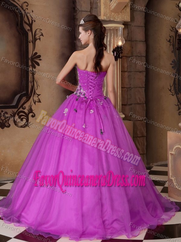 Floor-length Organza Beaded Fuchsia A-line Dress for Quince with Sweetheart