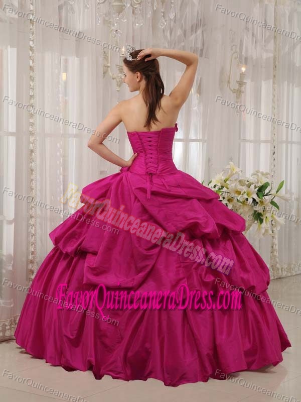 Hot Pink Ball Gown Strapless Floor-length Beaded Dress for Quince in Taffeta