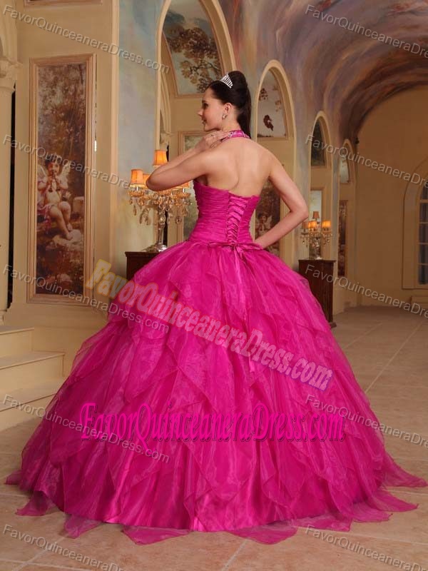 Floor-length Organza Embroidery Hot Pink Quinceanera Dresses with Halter