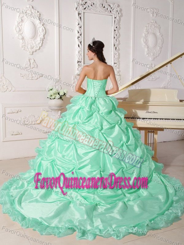 Strapless Chapel Train Taffeta Beaded for Quince Dresses in Apple Green