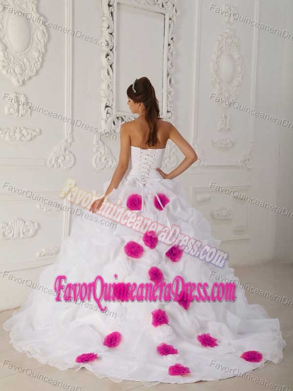 White Strapless Organza Beaded 2013 Quinceanera Dress with Handle Flower