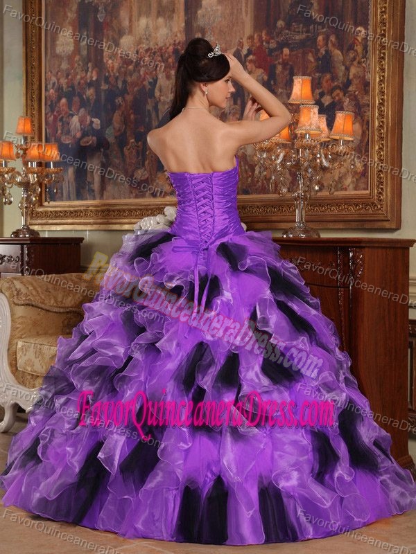 Strapless Floor-length Purple and Black Ball Gown Quince Dresses in Organza